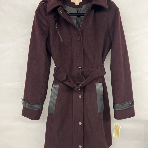 NEW Sz Medium M Michael Kors Belted faux Leather Trim Wool Hooded Coat Burgundy - Picture 6 of 9
